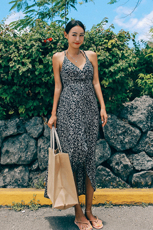 블랙 리프 비치 원피스 앞트임 휴양지 나시 드레스
